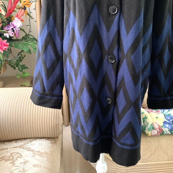 ANN TAYLOR Diamond Jacquard Long Plush Cardigan Coatigan in Navy Black - Picture 6 of 10